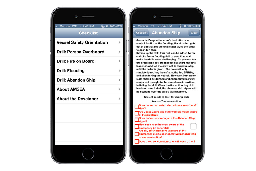 Figure 1: Sample screen captures from FVdrills, "Checklist" (left) and "Drill: Abandon Ship" page (right) in iPhone 6 (simulated)